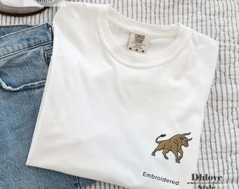 Charging Bull Embroidered T-Shirt, Minimalist Bull Tee, Strength Symbol Shirt, Comfort Colors 1717