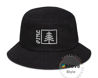 PINE Denim bucket hat, Embroidered hat-Unisex