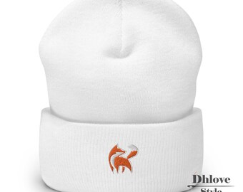 Red Fox Embroidered Beanie, Animal Knit Hat, Woodland Gift