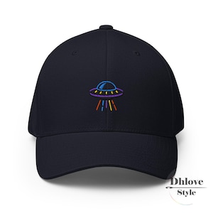 UFO Structured Twill Cap, Embroidered Spaceship – Cute Design hat – Unisex Custom Hat