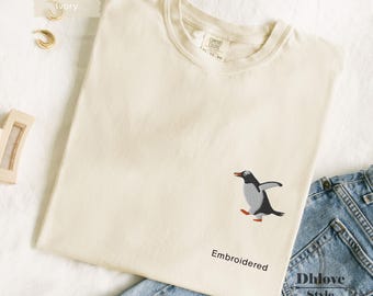 Gentoo Penguin Embroidered T-Shirt, Running Penguin Tee, Minimal Animal Shirt, Comfort Colors 1717
