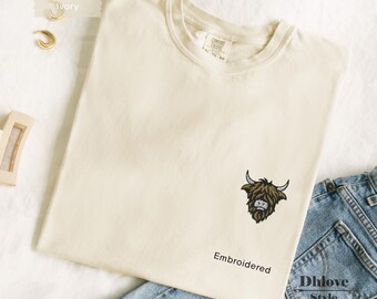 T-shirt brodé vache Highland, t-shirt vache minimaliste, chemise animaux de la ferme, couleurs confortables 1717
