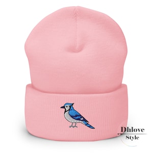 Embroidered Blue Jay Beanie: Custom Cuffed Birdwatcher Gift