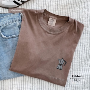 Moka Pot Embroidered T-Shirt, Simple Coffee Tee, Minimal Barista Gift, Comfort Colors 1717