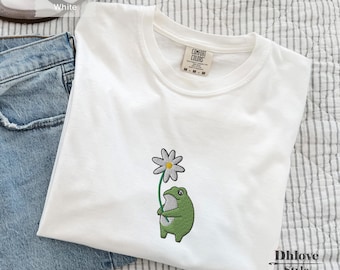 Frog Holding Flower Embroidered T-Shirt, Cottagecore Animal Tee, Comfort Colors 1717