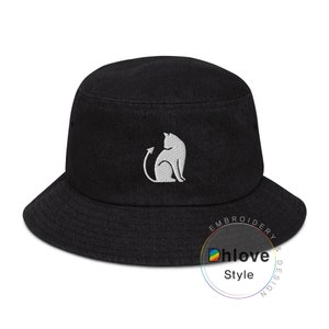 Funny Cat Denim kapelusz typu bucket, haftowany kapelusz-Unisex