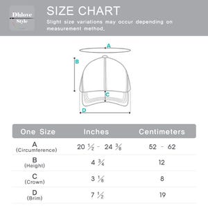 May include: A size chart for a hat, with measurements in inches and centimeters. The chart includes dimensions for circumference (20 1/2 - 24 3/8 inches, 52 - 62 cm), height (4 3/4 inches, 12 cm), crown (3 1/8 inches, 8 cm), and brim (7 1/2 inches, 19 cm).