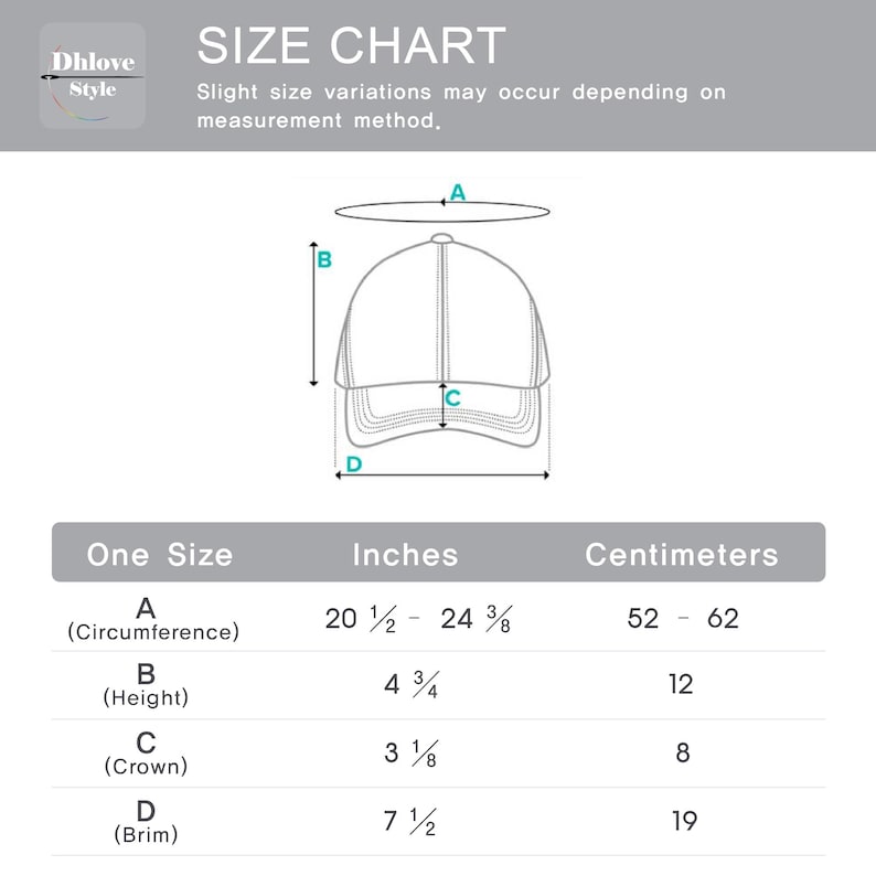 May include: A size chart for a hat, with measurements in inches and centimeters. The chart includes dimensions for circumference (20 1/2 - 24 3/8 inches, 52 - 62 cm), height (4 3/4 inches, 12 cm), crown (3 1/8 inches, 8 cm), and brim (7 1/2 inches, 19 cm).