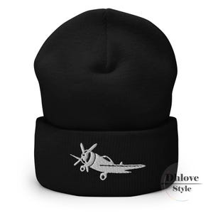 Airplane Cuffed Beanie, Embroidered Hat – Pilot Gift – Unisex Cute Beanie