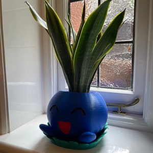 Pode incluir: Um vaso de planta impresso em 3D azul e verde em forma de personagem de desenho animado com um rosto sorridente. Uma planta verde com folhas longas e pontiagudas está crescendo no topo do vaso.