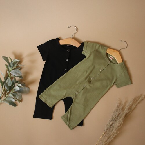 Button Front Short Sleeve Jumper - Olive Green Black Jumpsuit Romper One Piece Gender Neutral Baby Gift 3m-18m Modern Minimalist Girl Boy