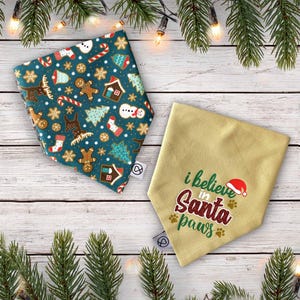 I Believe In Santa Paws and Christmas Gingerbread Reversible Dog Bandana, Slip on Collar and Tie on Options, Double Sided, Festive Pet