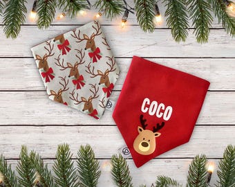 Christmas Reversible Personalised Dog Bandanas, Classic Reindeers with Hand Printed Custom Reindeer Print, Double Sided