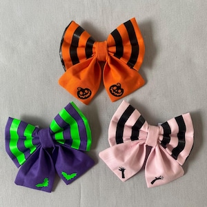 Halloween Stripes Dog Sailor Bows or Bow Ties, Choice of Three Colours, Handmade and Hand Printed Unique Design, Spooky Gift for Pets