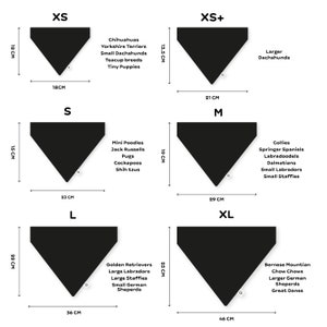 May include: A chart showing different sizes of dog bandanas with corresponding dog breeds. The sizes are XS, XS+, S, M, L, and XL. The bandanas are black and the chart is white with black text.