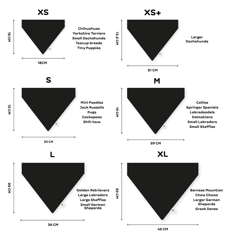 May include: A chart showing different sizes of dog bandanas with corresponding dog breeds. The sizes are XS, XS+, S, M, L, and XL. The bandanas are black and the chart is white with black text.