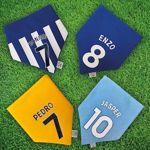 Customised Football Dog Bandana, Any Team or League,  100% Cotton, Choice of Name and Number, Personalised Soccer Pet Neckwear, Handmade