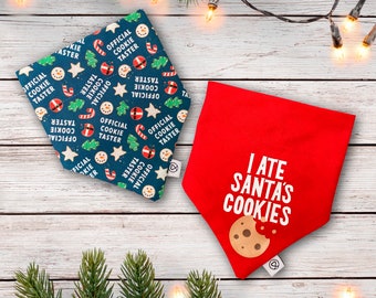 Double Sided Christmas Dog Bandana with I Ate Santa’s Cookie’s Print, Festive Outfit for Dogs, Over the Collar and Tie On Options