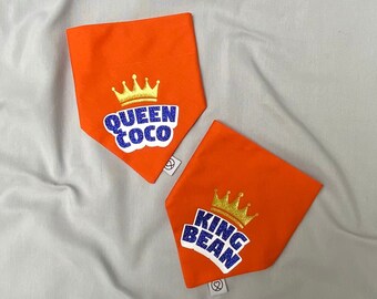 Personalised and Handmade Orange Kings Day Dog Bandana, Choose Between King or Queen, Glitter Custom Name Dog Scarf