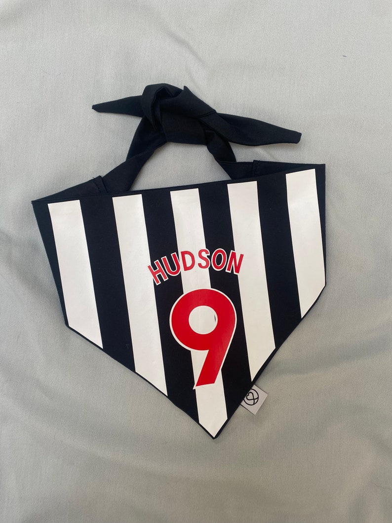 May include: Black and white striped bandana with a red and white name "HUDSON" and the number "9" in red.