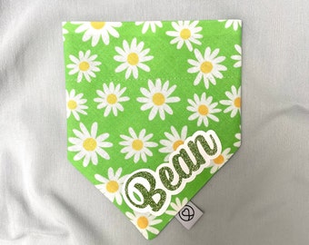 Green 100% Cotton Handmade Dog Bandana with a White Daisies Print, Personalised and Hand Printed With Your Pet’s Name in Glitter Vinyl, Gift