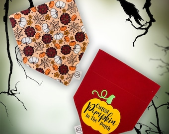 May include: Two dog bandanas. One is orange and white with a pumpkin and spiderweb pattern. The other is red with a yellow pumpkin and the text "Cutest Pumpkin in the Patch".
