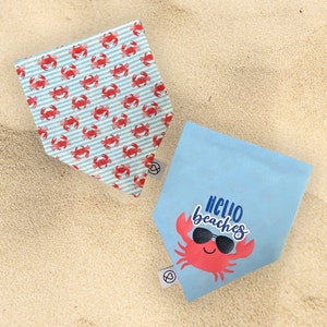 Hello Beaches / Crabs On Blue and White Stripes Reversible Summer Beach Dog Bandana