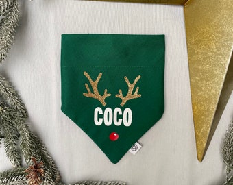Green Reindeer Personalised Dog Bandana, Christmas Gift for Dogs, Over the Collar or Tie On Dog Neck Scarf