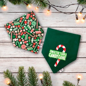 Reversible Christmas Dog Bandana with Sweeter Than a Candy Cane Print, Cute Festive Outfit for Dogs, Over the Collar and Tie on Options