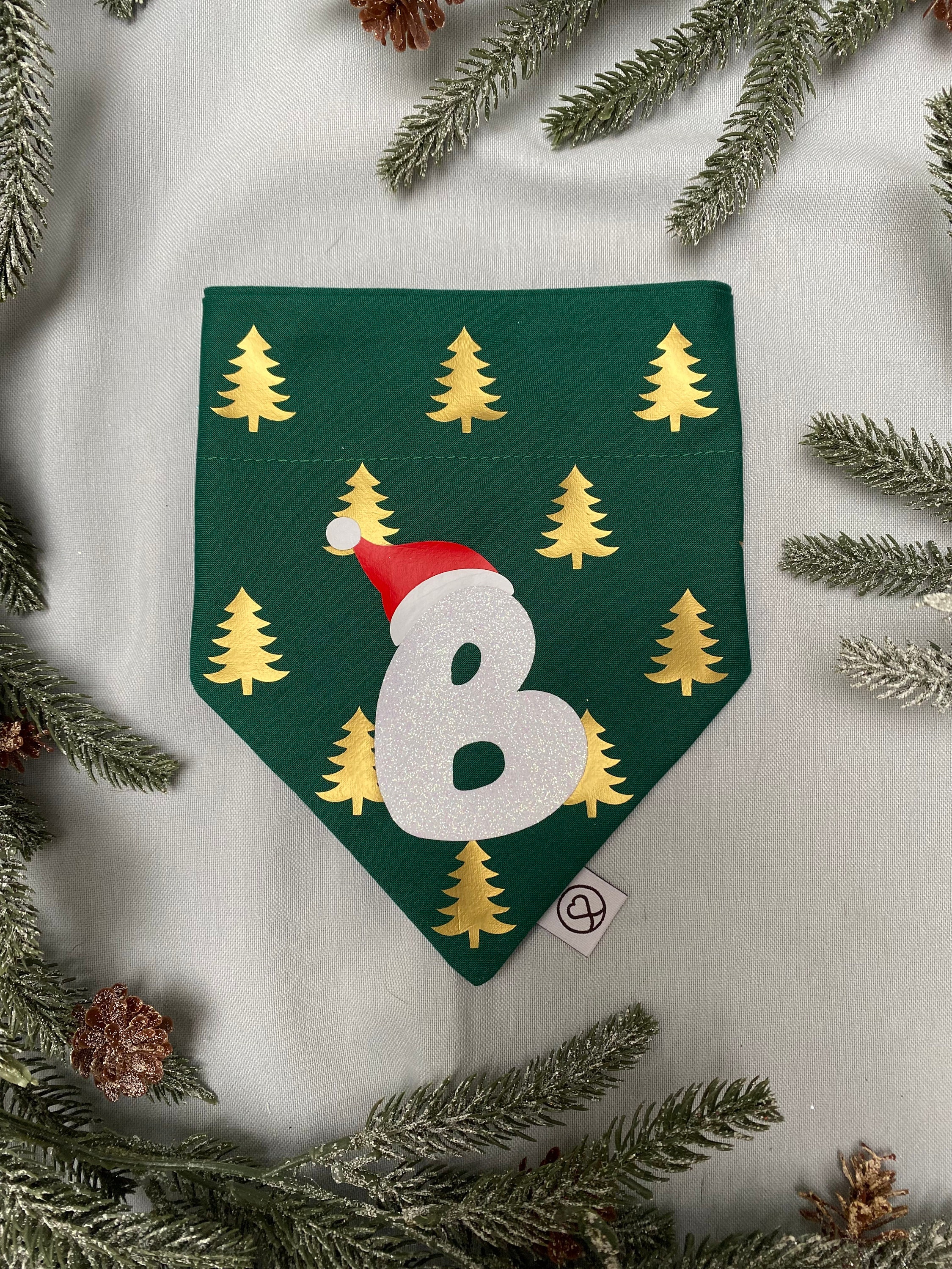 Personalised Christmas Dog Bandana with Glitter Initial and Gold Christmas Tree Vinyl Print