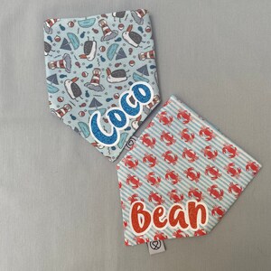 Seagulls or Crabs Personalised Dog Bandana for Summer, Handmade with Hand Printed Custom Glitter Print