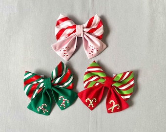 Candy Cane Dog Sailor Bow or Bow Tie, Christmas Gift, Available in Three Colours, Festive Outfit for Pets, Unique Design
