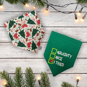 Reversible Christmas Dog Bandana, Sleighs and Trees Print with Naughty, Nice, I tried Reverse Design
