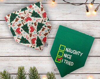 Reversible Christmas Dog Bandana, Sleighs and Trees Print with Naughty, Nice, I tried Reverse Design