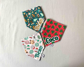 Christmas Personalised Dog Bandanas, Three Prints Available, Xmas Trees, Coffee and Doughnuts, Gingerbread Cookies, Glitter Personalisation