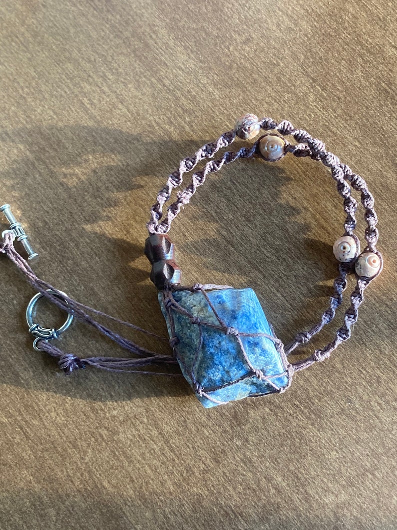 Rough Healing Stone Raw Blue Sodalite Macram\u00e9 Crystal Necklace on Brown Cord