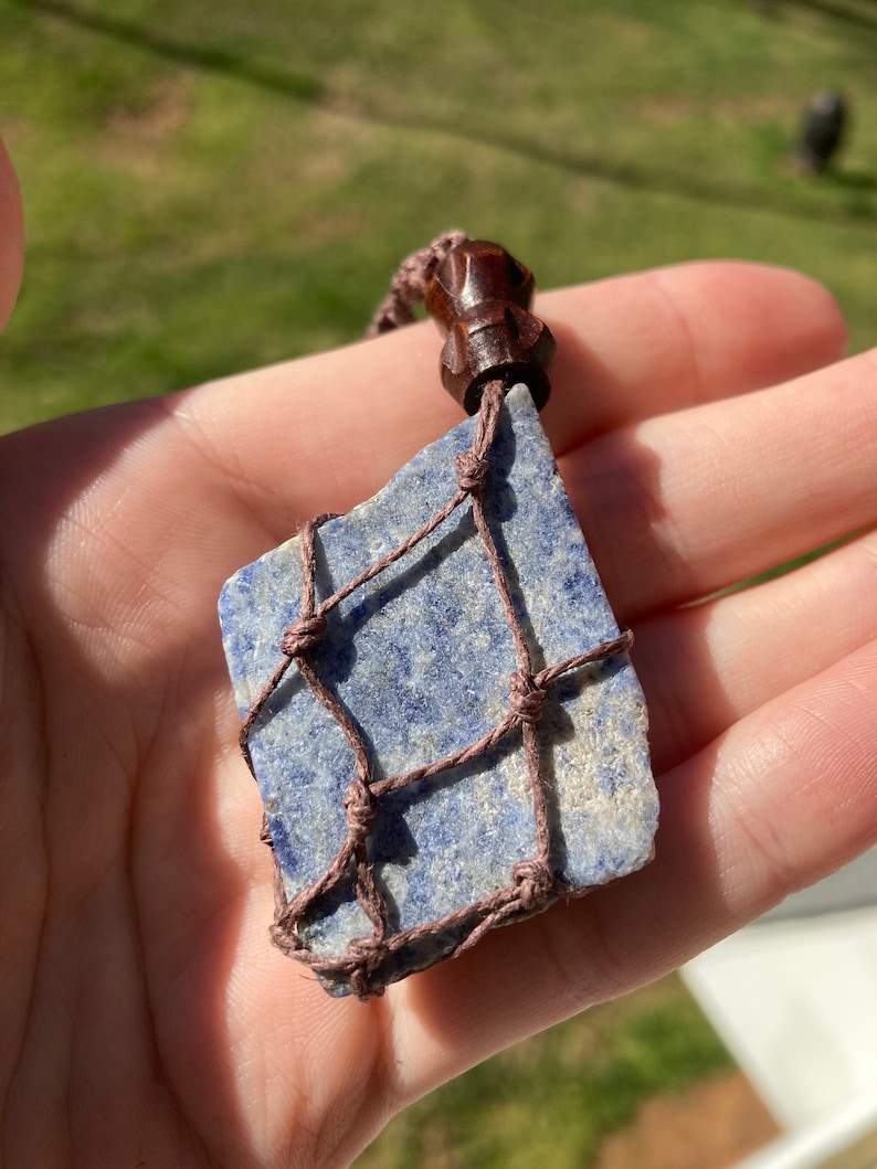 Rough Healing Stone Raw Blue Sodalite Macram\u00e9 Crystal Necklace on Brown Cord