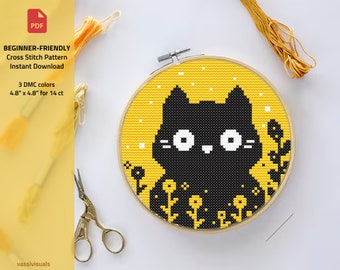 Black Cat in A Yellow Field of Flowers - Easy Small Cross Stitch Pattern for Beginners, 3 colors only by VassiVisuals