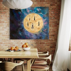Moonlight Dance Abstract Painting 50x60 cm, Surrealist Night Sky Canvas Art, Unique Wall Decor for Home