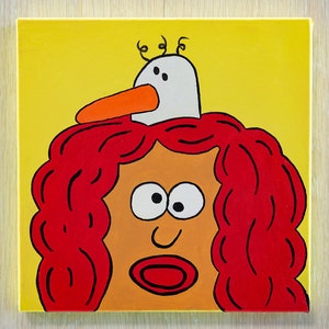 Oil on canvas, a girl with red hair, a bird from her head, portrait of a girl