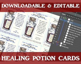 Puede incluir: Tres cartas de poción imprimibles para un juego de rol. Cada carta presenta una ilustración dibujada a mano de una botella de poción con un líquido rojo en su interior. Las cartas están etiquetadas como "Poción de Cura Superior", "Poción de Cura Superior" y "Poción de Cura Superior". Las cartas están diseñadas para ser impresas y utilizadas en un juego de rol de mesa.