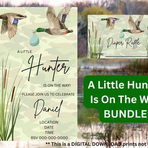 BUNDLE A Little Hunter Is On The Way, un modèle d&#39;invitation et une tombola de couches