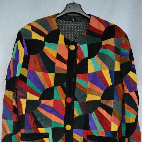 Patchwork Leather Bomber jacket multicolored, Vintage 80s  /Glam Rock/Vest/Patchwork colorful leather jacket  size M