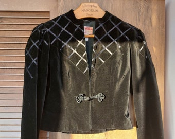 Chaqueta negra tradicional austriaca bávara de terciopelo, estilo tirolés, boho hippie, Austria, talla 38, vintage para mujer.