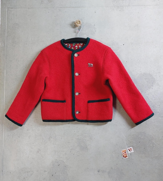 Dirndl Kids Jacket Red Green Vintage Wool Knitted Austrian Tyrol