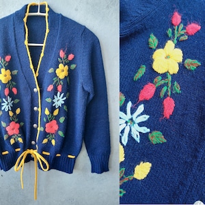 Vintage Women&#39;s  Wool Blue Folk boho cardigan short  Sweater Size M-L