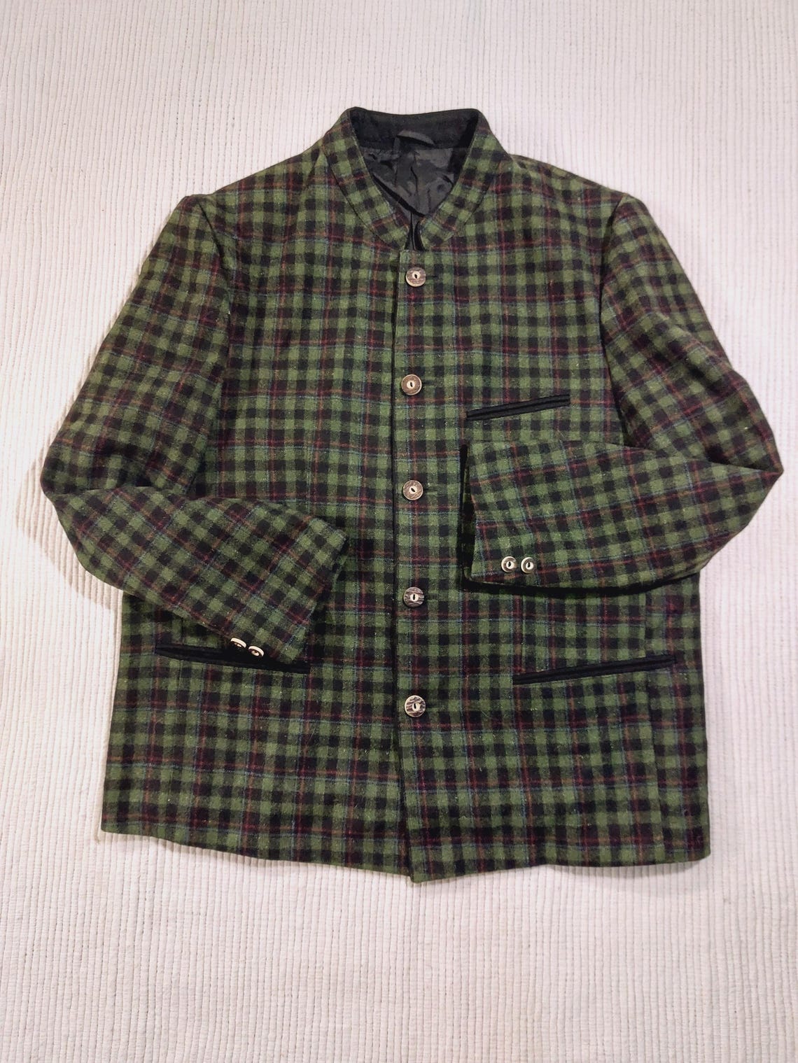 Vintage men Dirndl  Jacket Wool green moss Austrian Bavarian  Blazer Traditional Tyrolean Loden coat checkered PE-KO Chest 60 cm, photo 1 of 5