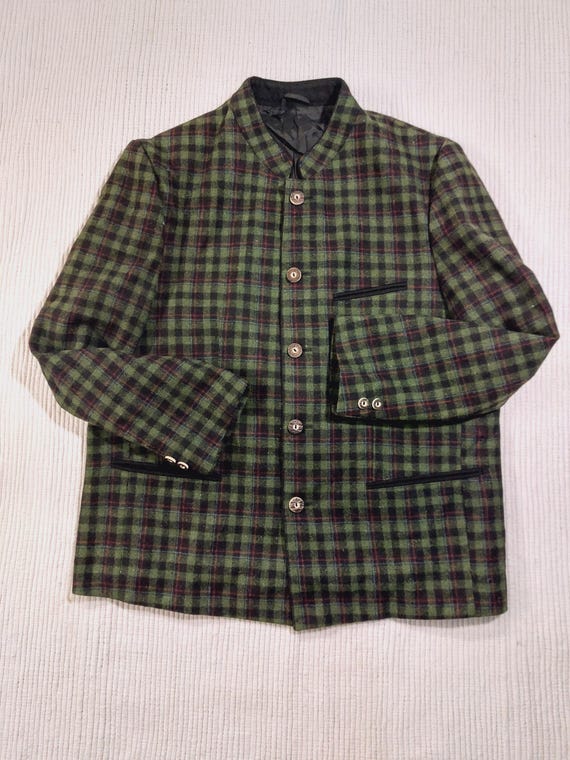 Vintage men Dirndl  Jacket Wool green moss Austrian Bavarian  Blazer Traditional Tyrolean Loden coat checkered PE-KO Chest 60 cm