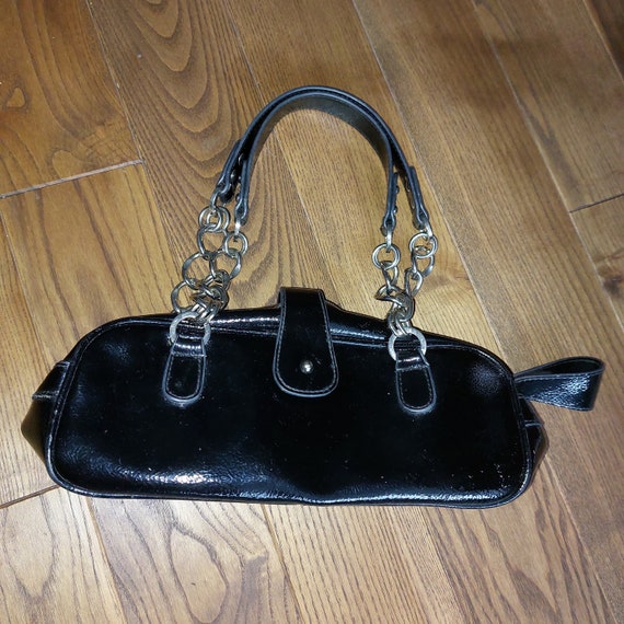 Guess Black Patent Leather Mini Baguette Bag Vintage Guess Monogram Faux Leather Shoulder Bag, Silver Hardware, Zipper Closure