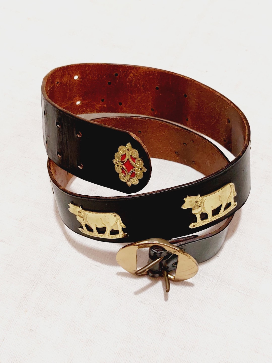 80s Red Leather Belt| Vintage studded bavarian folk belt| Embellished Maximalist belt with star shaped studs